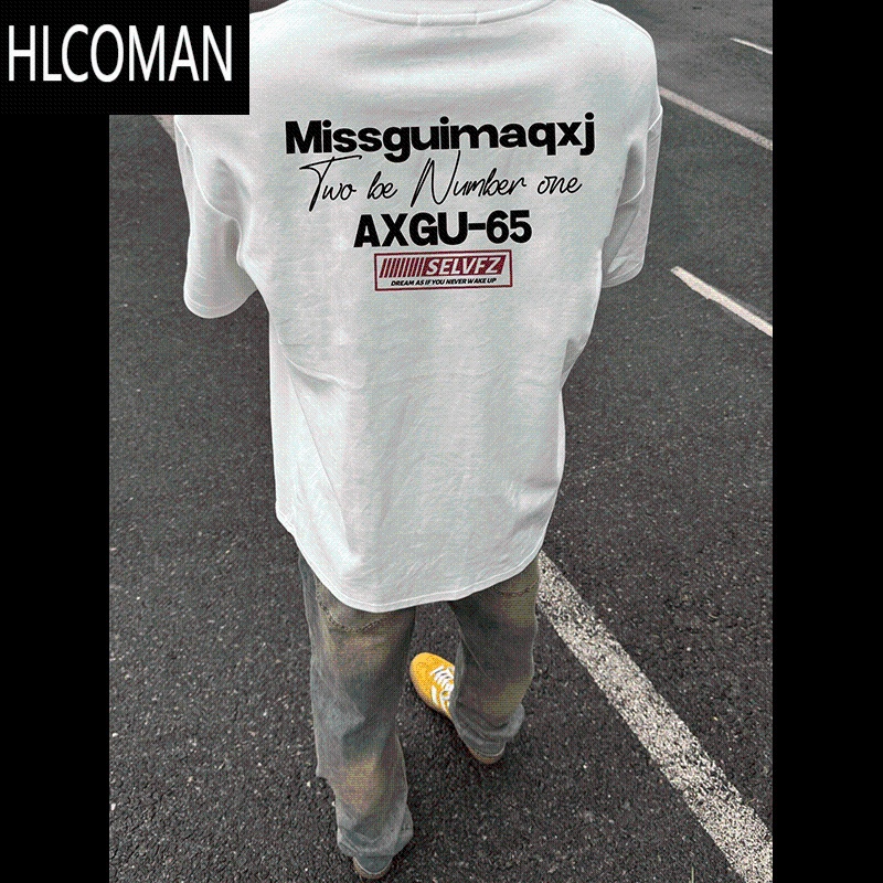 HLCOMAN美式小众手绘时尚潮牌字母白色上衣半袖夏季短袖T恤男款