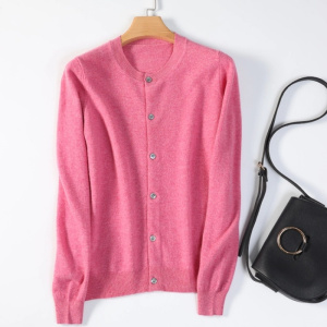 圆领玫粉针织开衫女外套新款洋气长袖薄款宽松显瘦气质外搭