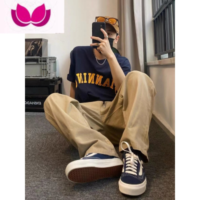 七斓日系cityboy工装裤男美式复古卡其色松紧腰阔腿宽松直筒长裤