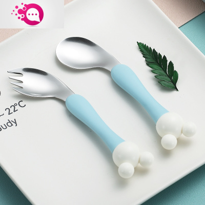 敬平宝宝辅食碗学吃饭训练婴儿专用碗勺子底保温宝宝碗儿童碗防摔学吃饭弯头勺叉（蓝色）