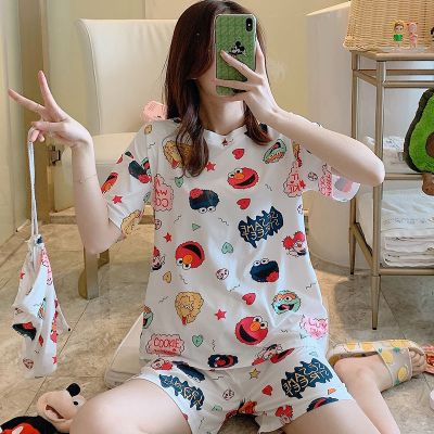 夏季睡衣女士短袖短裤布袋睡衣套装韩版可爱卡通宽松休闲家居服男兵女将