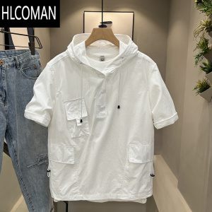 HLCOMAN多口袋工装连帽短袖T恤男夏季新款潮牌个性宽松百搭休闲半袖体恤
