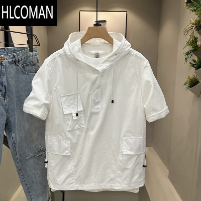 HLCOMAN多口袋工装连帽短袖T恤男夏季新款潮牌个性宽松百搭休闲半袖体恤