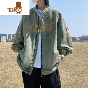 YANXU美式复古潮牌刺绣机车风做旧外套男款高街潮流工装牛仔夹克