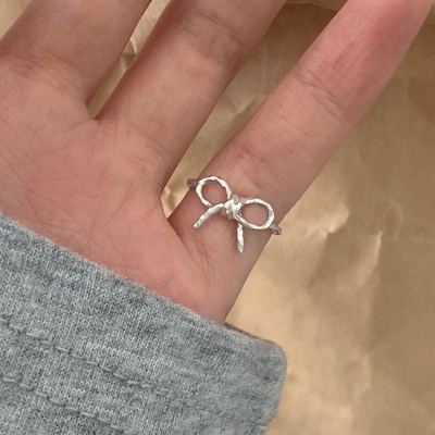 S925纯银线条蝴蝶结尾戒女简约甜美开口戒精致时髦配饰小香风送女朋友老婆情人节七夕生日礼物