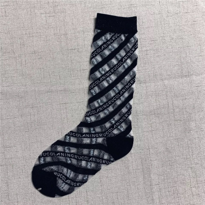 SUNTEK春夏超薄透明中筒网红黑色字母条纹丝袜ins潮小腿堆堆袜长筒袜女斜条纹黑色中筒均码