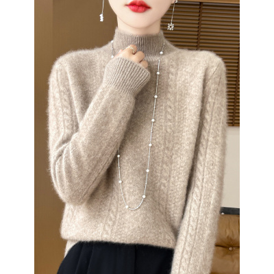 半高领羊毛衫女七针加厚秋冬新款亲肤保暖羊绒针织衫绞花百搭毛衣