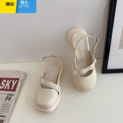 聚范网红同款2021夏季新款复古包头厚底凉鞋女花朵装饰松糕玛丽珍鞋潮休闲鞋
