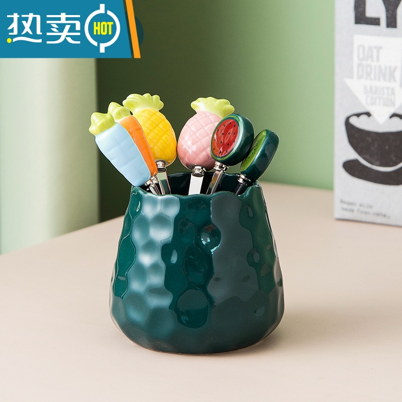 敬平水果叉子家用不锈钢收纳罐套装儿童安全高端可爱草莓水果签小果叉 祖母绿收纳罐+混色6叉