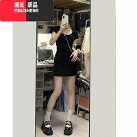 YIBUSHENG显瘦黑色辣妹U领短袖t恤连衣裙女季2024新款性感紧身包臀短裙子