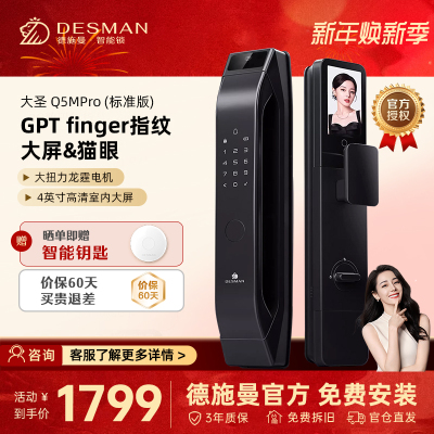 [新品首发]德施曼大圣Q5 MPro(标准版)智能门锁指纹家用全自动大屏可视猫眼密码 高端黑