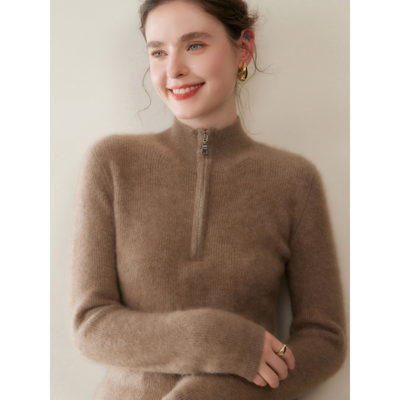 秋冬新款半开领拉链羊绒衫女宽松显瘦加厚纯色保暖套头羊毛衫