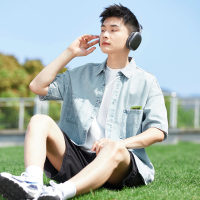 [1.5折价77元]唐狮夏季新款牛仔衬衫男薄款短袖翻领双口袋休闲高级感外套