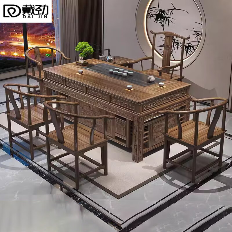 戴劲新中式茶桌椅组合办公室泡茶台现代家用喝茶桌2.0单1官帽4围+茶水