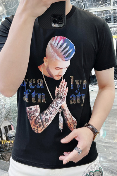 欧货短袖T恤男夏季休闲痞帅烫钻半袖体恤潮流百搭圆领夏装上衣服