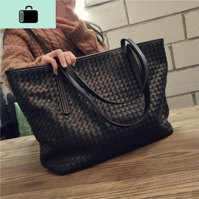 2020新款女包潮流韩版编织包女士托特包单肩包时尚手提包简约大包NEW LAKE 黑色编织大包女士单肩包