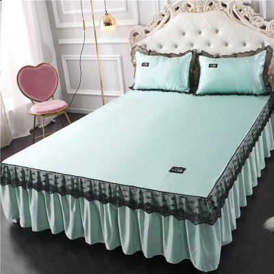 美帮汇床裙夏季冰丝凉席三件套单件夏天带蕾丝花边床罩款夏凉防尘围裙尘 优雅绿 120cmx200cm