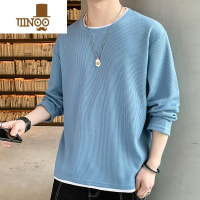 YANXU华夫格卫衣男长袖t恤圆领宽松大码薄款假美式外套