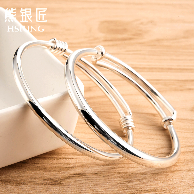 熊银匠银手镯女999纯银2018新款光面银镯子简约银手环银饰送女友