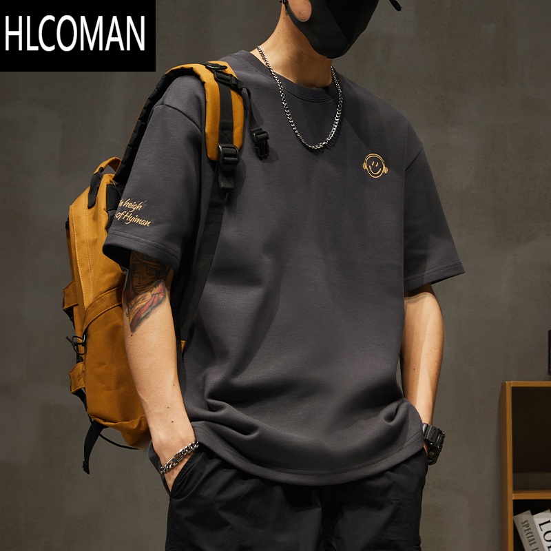 HLCOMAN网红笑脸短袖t恤男2025新款宽松加肥加大码休闲胖子半袖上衣