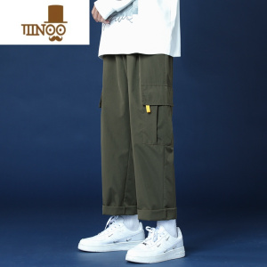 YANXU军绿色工装裤男款潮牌宽松直筒裤日系复古运动休闲九分裤子