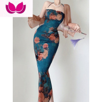 七斓小众风情万种新中式套女秋季新款性感挂脖印花包臀裙开衫套装