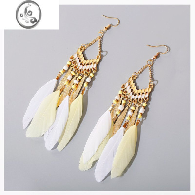 JiMi民族风耳环小众设计感仙气羽毛显脸瘦旅游度假拍照无耳洞耳夹耳饰