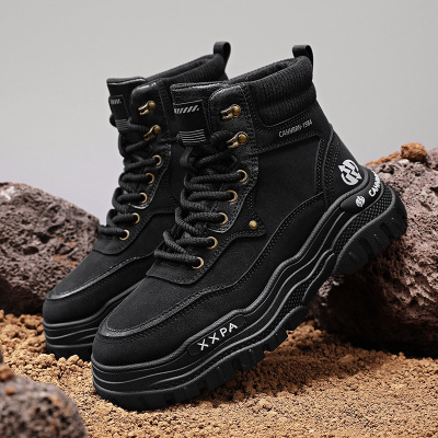 秋季新款皮面高帮户外防风运动靴时尚英伦风厚底机车马丁靴男靴