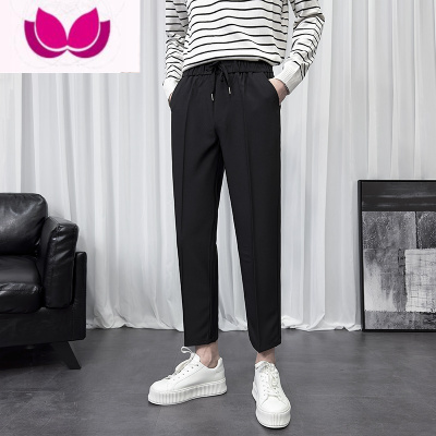 七斓裤子男款系绳休闲九分裤潮牌直筒黑色西装裤男生春季新款小西裤潮