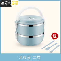三维工匠简约不锈钢饭盒保温分格1成人可爱便当盒学生2韩国3多层4带盖餐盒 二层北欧蓝+餐具