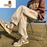 YANXU卡其色工装裤子男夏季薄款宽松直筒潮牌运动裤日系痞帅刺绣休闲裤