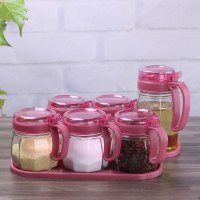 六件套玻璃调料盒厨房调味瓶罐调料罐油瓶家用盐罐装作料盒子套装 敬平 1油壶+5调味+2底座(玫红)调味罐