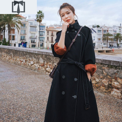 SUNTEK黑色气质流行风衣女中长款2020秋季新款赫本风宽松过膝外套大衣薄风衣