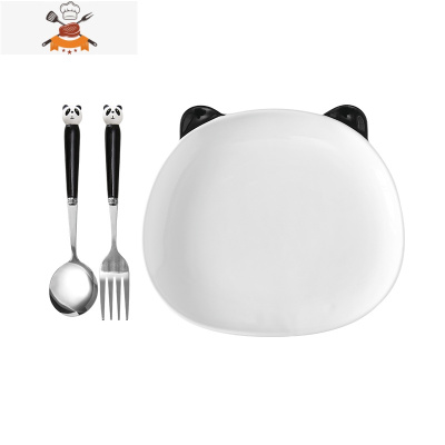 刀叉勺三件套家用可爱牛排刀叉盘子套装西餐餐具网红儿童叉子勺子 叉勺+盘(熊猫) 敬平