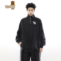 YANXU美式复古休闲运动立领情侣卫衣高街织带秋季套装男潮