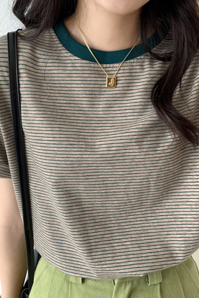 条纹T恤短袖女夏装新款圆领宽松ins小心机洋气简约学生上衣
