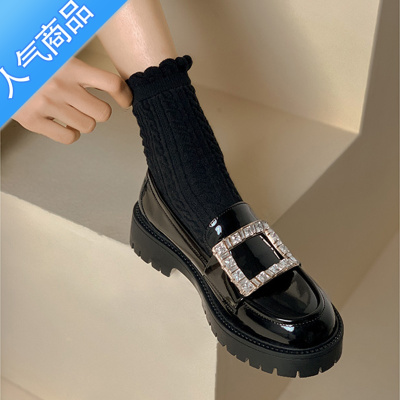 SUNTEK小皮鞋女英伦风2023春季新款厚底乐福鞋水钻方扣软底黑色单鞋