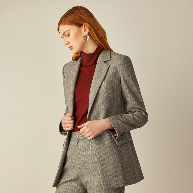 2018春季新款气质通勤简约灰色条纹修身毛呢西装外套女