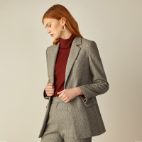 2018春季新款气质通勤简约灰色条纹修身毛呢西装外套女