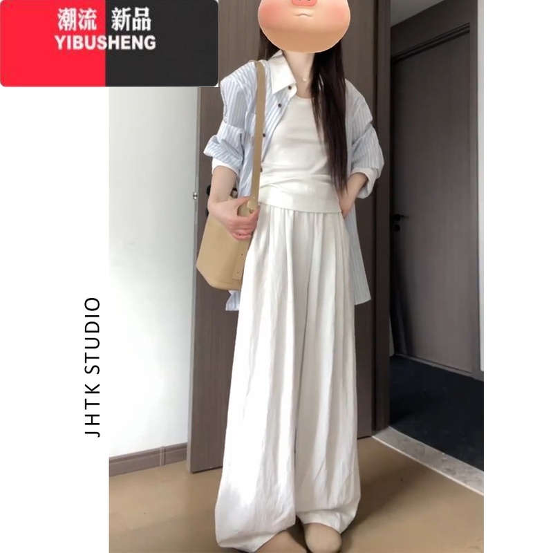 YIBUSHENG白色宽松垂感阔腿休闲裤女季新款懒惰风高级感薄款直筒山本裤子