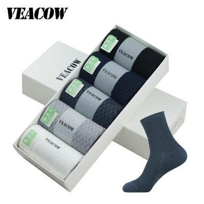VEACOW5双装-男士商务休闲中筒袜运动休闲竹纤维男袜小方格均码