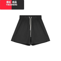 YIBUSHENG黑色裤子女松紧腰抽绳休闲裤季高腰宽松直筒阔腿裤开叉运动短裤