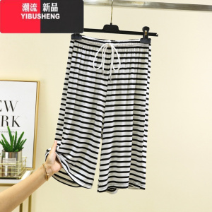 YIBUSHENG莫代尔条纹五分裤女季百搭抽绳阔腿裤大码宽松短裤可外穿休闲裤