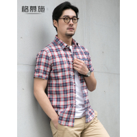 SUNTEK格慕施男士短袖衬衫夏季棉修身格子青年大码商务休闲男装衬衣服衬衫