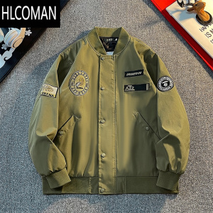 HLCOMAN美式复古徽章刺绣立领棒球服外套男士春季潮牌宽松机能飞行员夹克