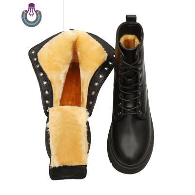 FISHBASKET2020新款英伦风马丁靴女冬加绒加厚平底防滑系带学生棉鞋小码冬鞋靴子