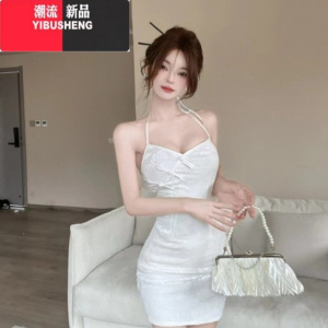 YIBUSHENG 网红少女性感时尚一字领蕾丝挂脖吊带低胸包臀打底连衣裙