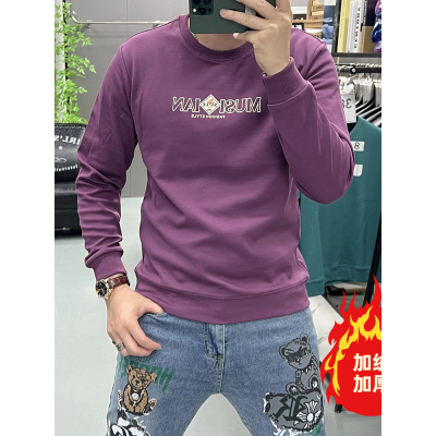 男装秋冬季新款加绒圆领印花字母卫衣修身潮流时尚长袖青年打底衫