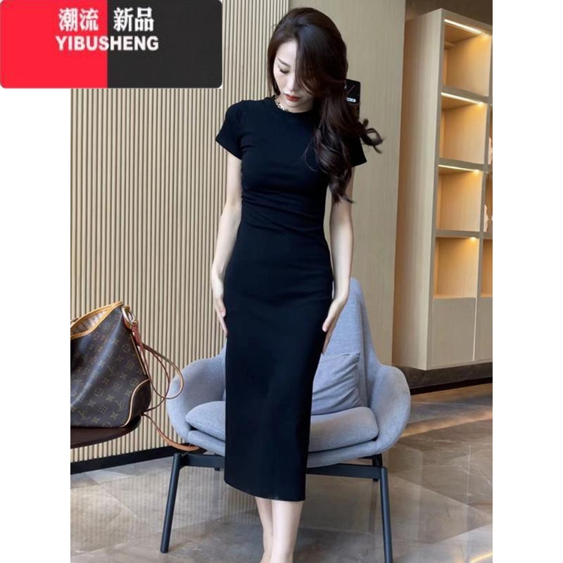 YIBUSHENG休闲黑色长款显身材t恤连衣裙2024新款女季褶皱修身显瘦长裙子