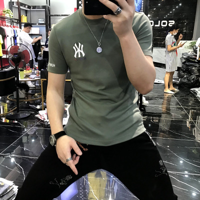 欧洲站男士夏季新款字母刺绣加厚短袖T恤打底衫网红潮牌修身_1